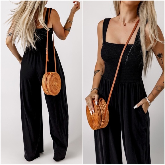 Smocked Sleeveless Wide Leg Pocket Jumpsuit - Picture 6 of 8